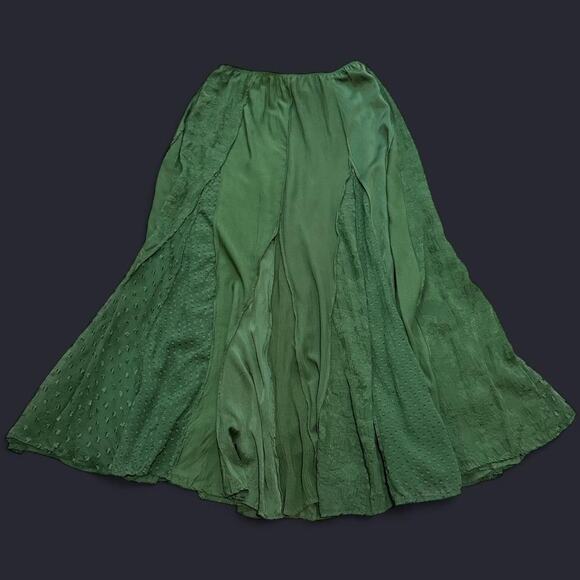 Monsoon Forest Green Pleated Patchwork Silk Blend Fairycore Maxi Skirt 6/S - Picture 6 of 8